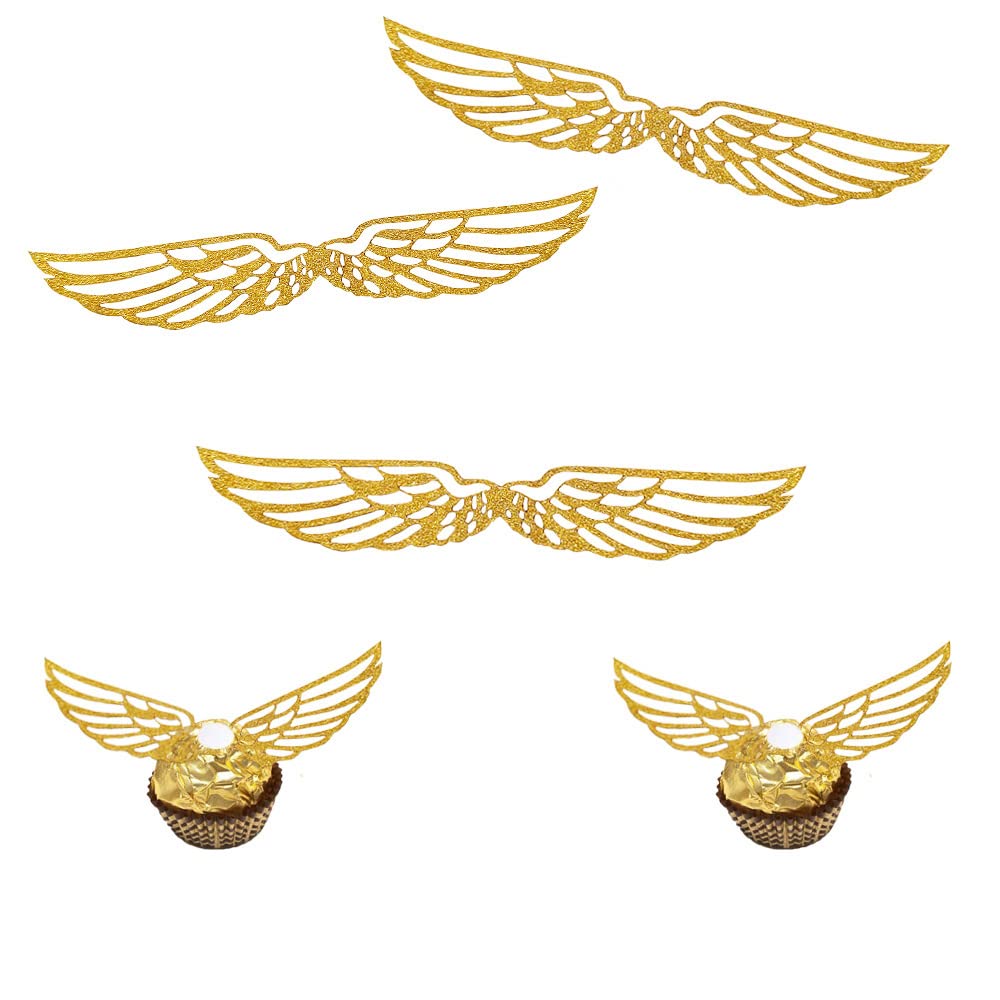 50Pcs Gold Foil Wizard Cake Wings - Edible Chocolate Party Decorations with Glue Dots for Birthday, Halloween & Wizard Theme Parties - Perfect for Cupcake Toppers, Cake Decorating & Party Favors