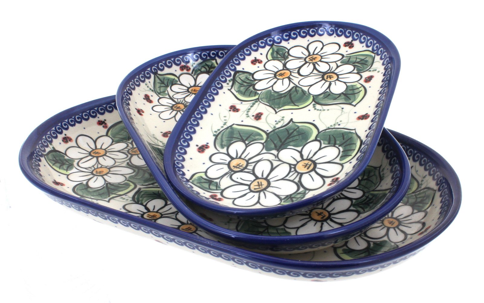 Blue Rose Polish Pottery Ladybug 3-Piece Oval Serving Set - Handcrafted Ceramic Appetizer Plates for Parties, Weddings & Home Decor
