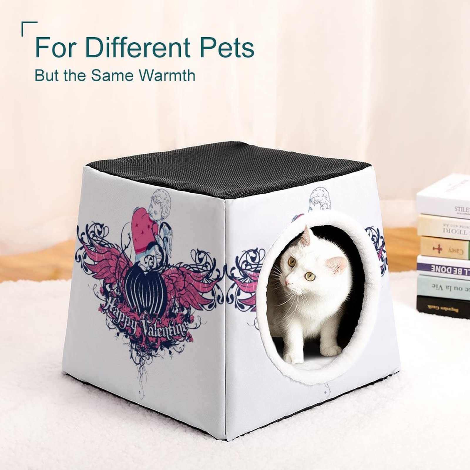Printed Foldable Cat Bed House & Condo Sofa with Removable Washable Cushion - Cozy Pet Furniture for Indoor Cats, Perfect for Valentine's Day Gifts & Angel-Themed Decor