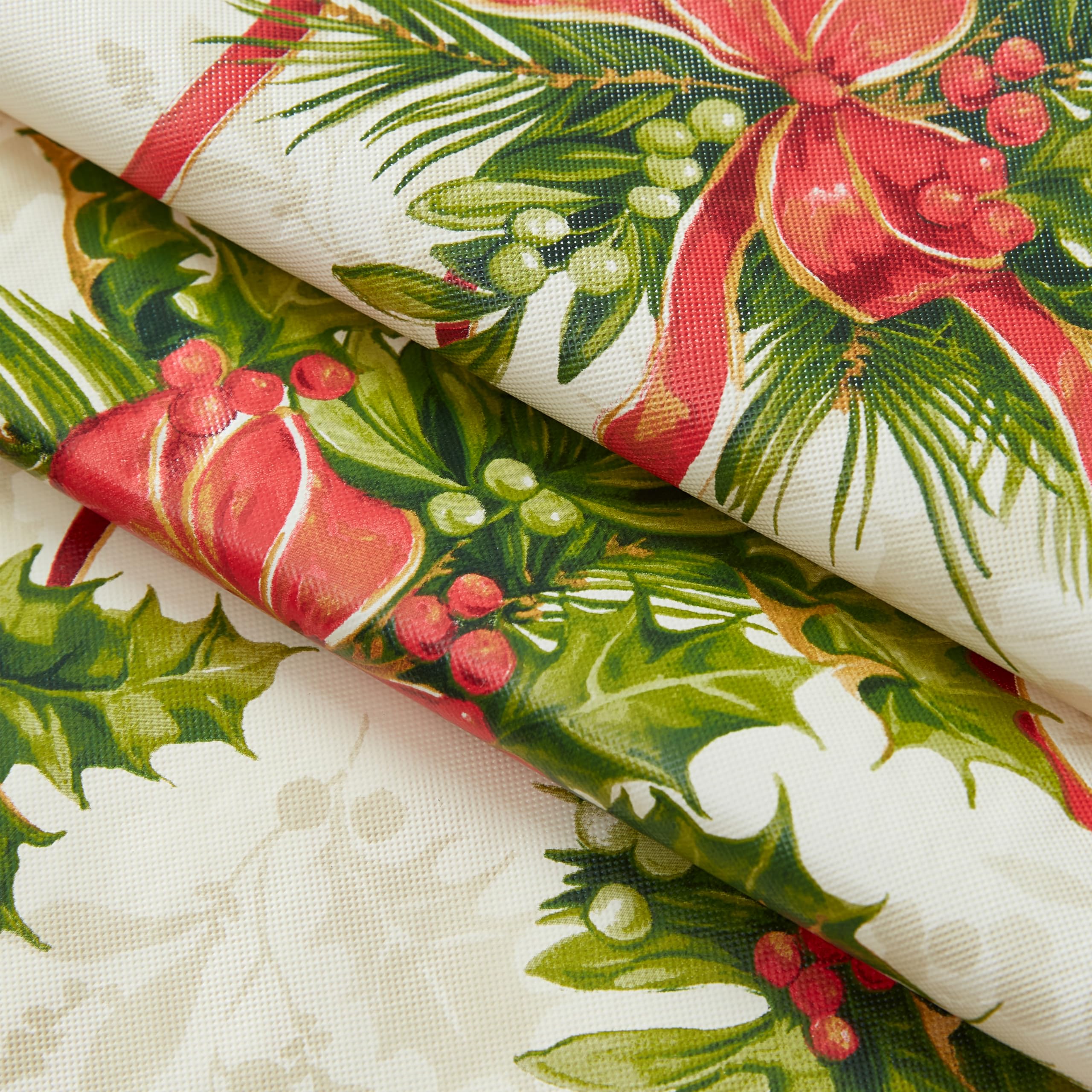 Newbridge Christmas Holly Traditions Vinyl Tablecloth with Flannel Backing - Red Holly Berry & Ribbons Holiday Table Cover - 52