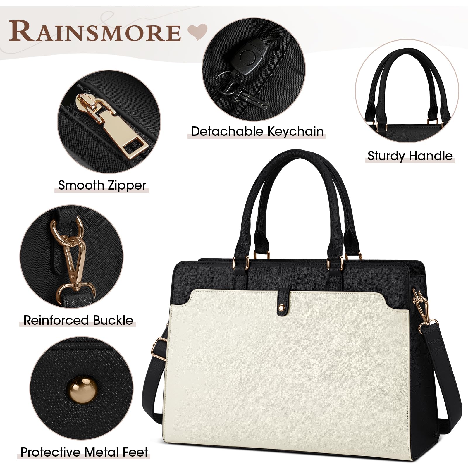 15.6 Inch Laptop Tote Bag for Women - Waterproof Leather Briefcase with Large Capacity, Professional Business Office Travel Handbag, Shoulder Bag in Beige and Black for Work, Commute, and Daily Use