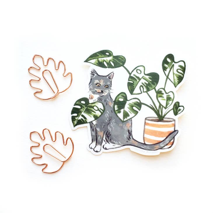 Calico Cat & Monstera Plant Vinyl Stickers - Waterproof Decals for Laptops, Water Bottles, Notebooks - Cute Kawaii Aesthetic Stickers for Scrapbooking & DIY Crafts