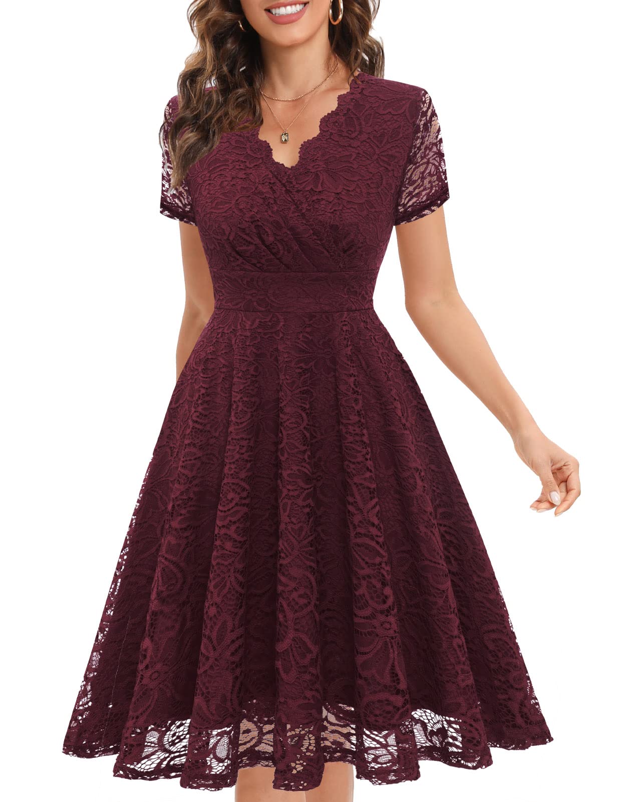 Elegant Lace Wedding Guest Dress - V-Neck Short Sleeve A-Line Prom Dress for Cocktail Parties & Formal Events | Perfect for Bridal Showers, Evening Galas & Special Occasions