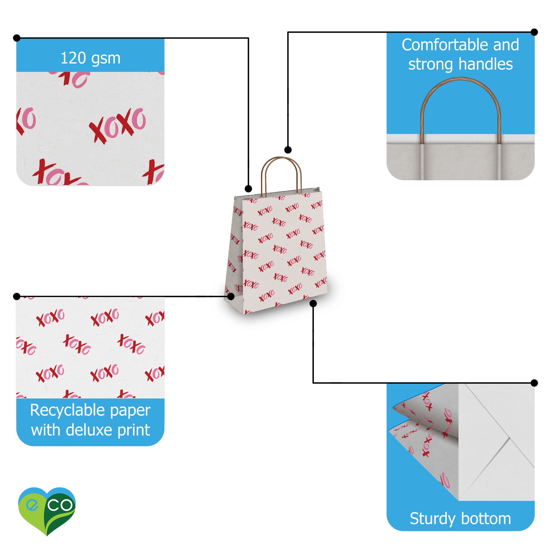 Premium Kraft Gift Bags with Heart Designs - 10.5x8x4.5 Inches - Eco-Friendly Party Favor Bags for Weddings, Baby Showers & Birthday Celebrations