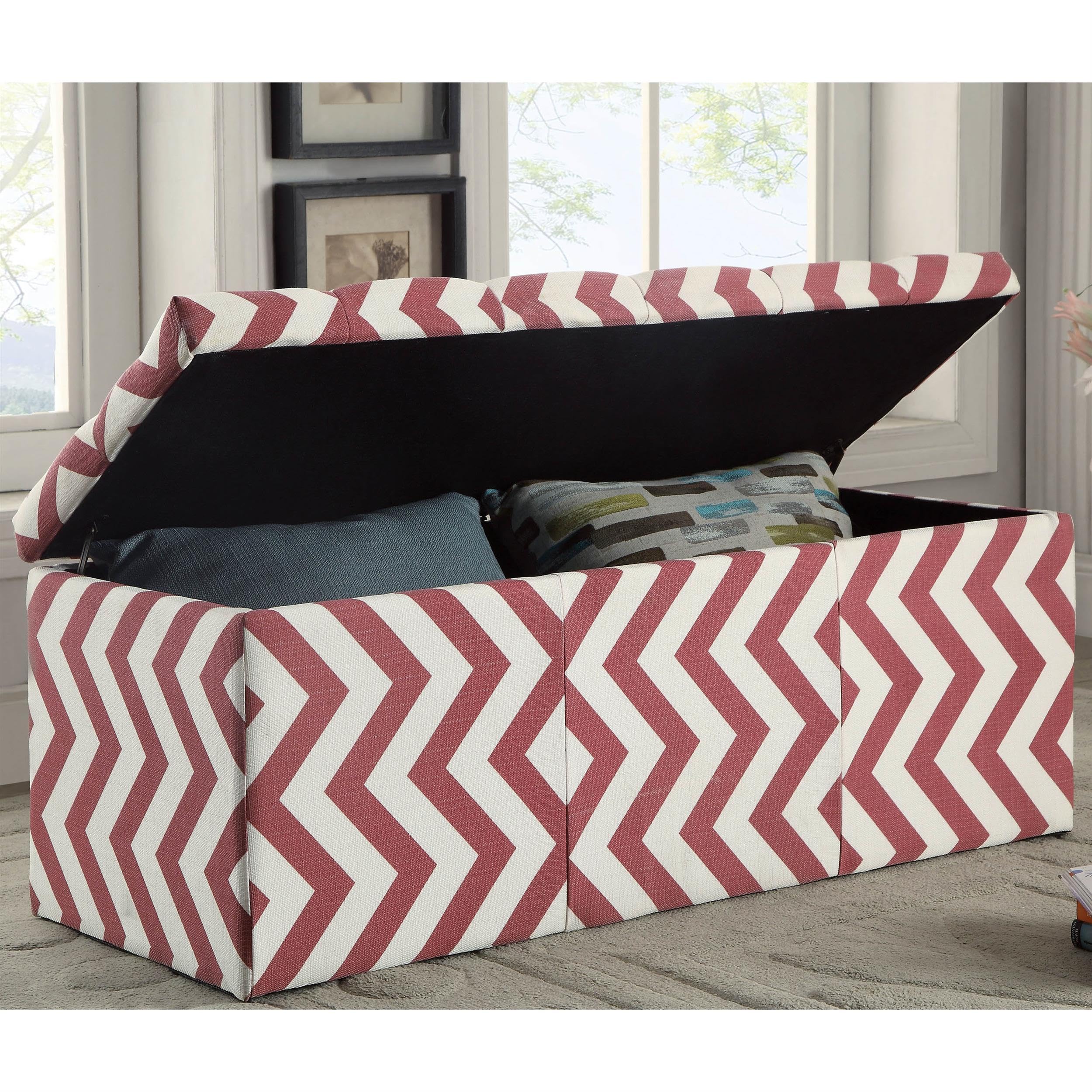 Furniture of America Laina Contemporary Fabric Storage Bench - Red Ottoman with Lift Top for Entryway, Bedroom & Living Room Organization