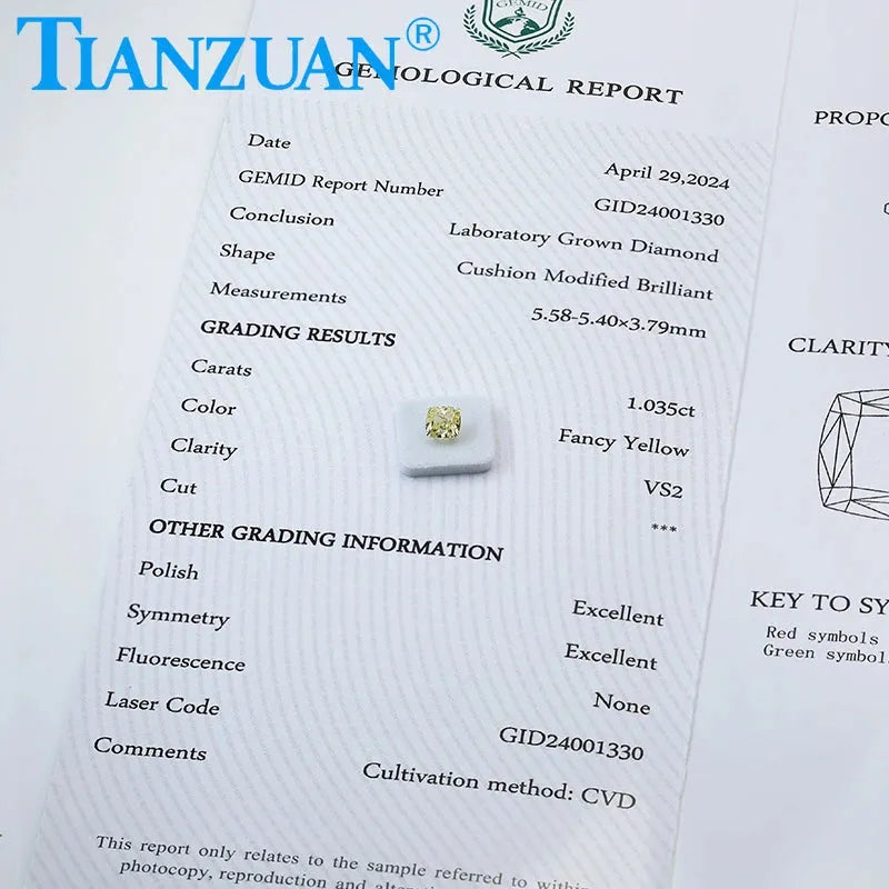 1CT VS2 Lab Grown CVD Cushion Cut Fancy Yellow Loose Diamond - GEMID Certified for Engagement Rings & Jewelry Making