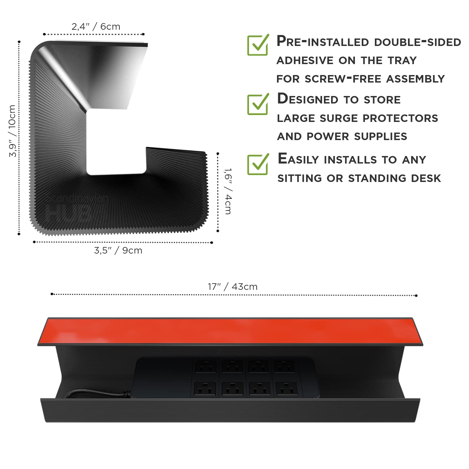 No-Screw Under Desk Cable Management Tray - Self-Adhesive Cord Organizer for Home & Office, Black Set of 2 - Perfect for Computer Wires, Charging Cables & Power Strips Under Workstations