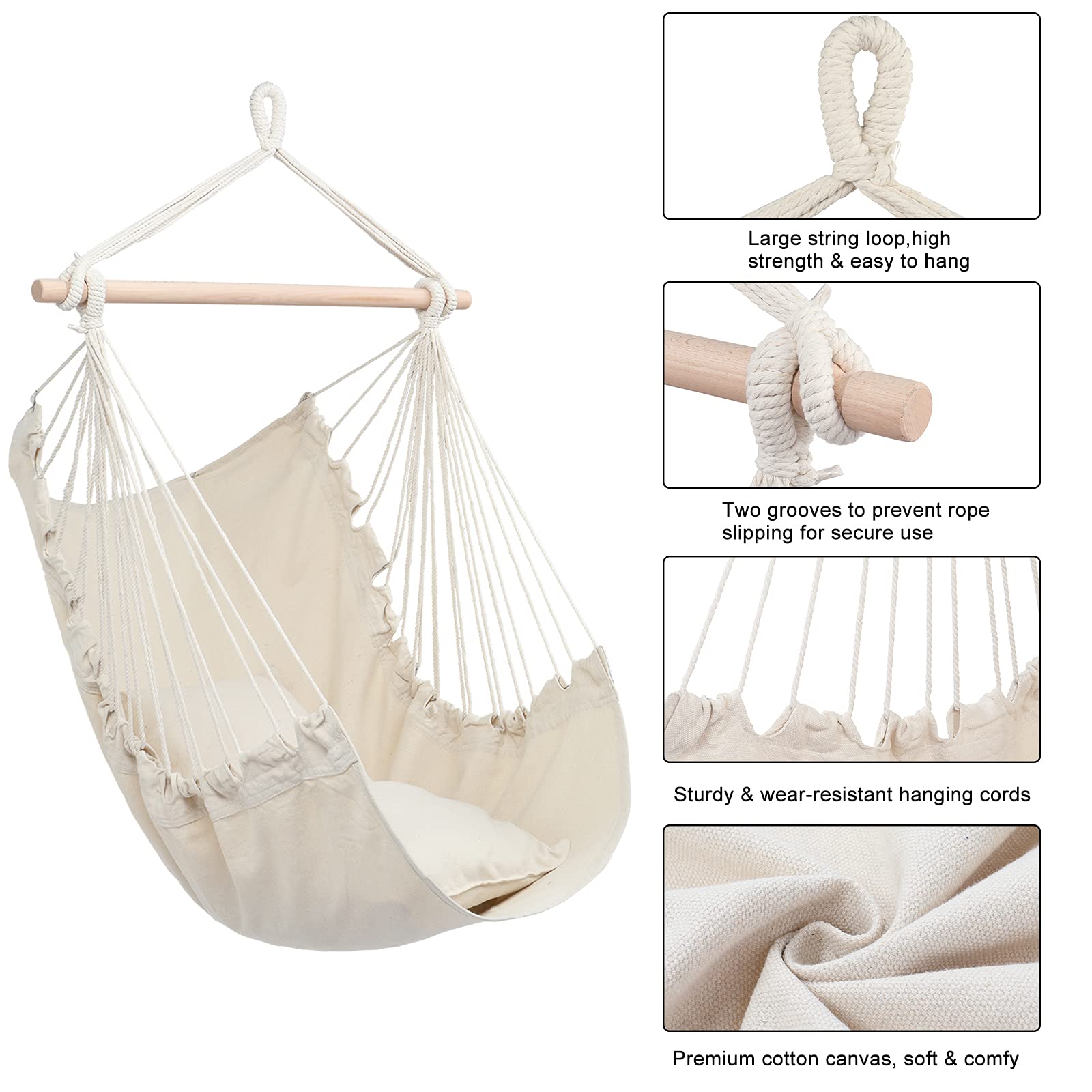 ONCLOUD Hanging Rope Hammock Chair Swing Seat with 2 Cushions - Indoor/Outdoor Use for Yard, Bedroom, Patio, Porch - Perfect for Relaxing, Reading & Lounging (Beige)