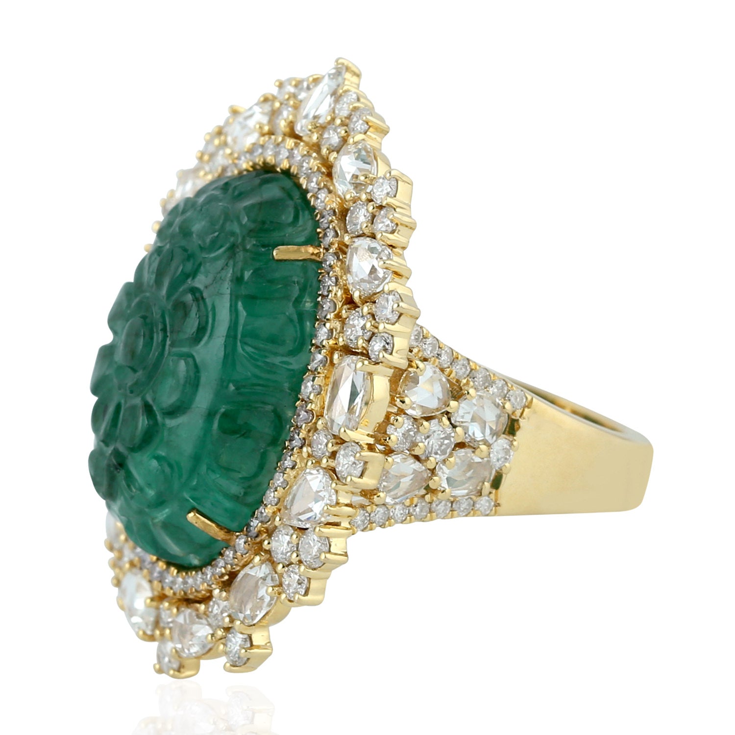 Exquisite 18K Yellow Gold Emerald and Diamond Ring – Handcrafted Prong Setting for Uncut Gems – Perfect for Weddings, Anniversaries & Special Occasions