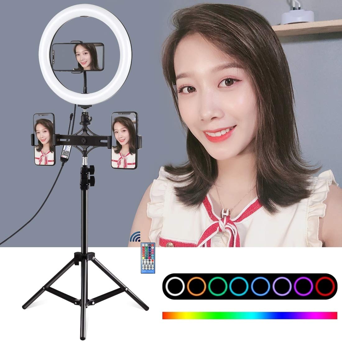 Professional 10-inch 26cm RGBW LED Ring Light with Tripod Stand & Dual Phone Holder - USB Powered Makeup Selfie Light for YouTube, TikTok, Vlogging, Live Streaming & Photography - Perfect for Beauty Tutorials, Video Calls, and Content Creation