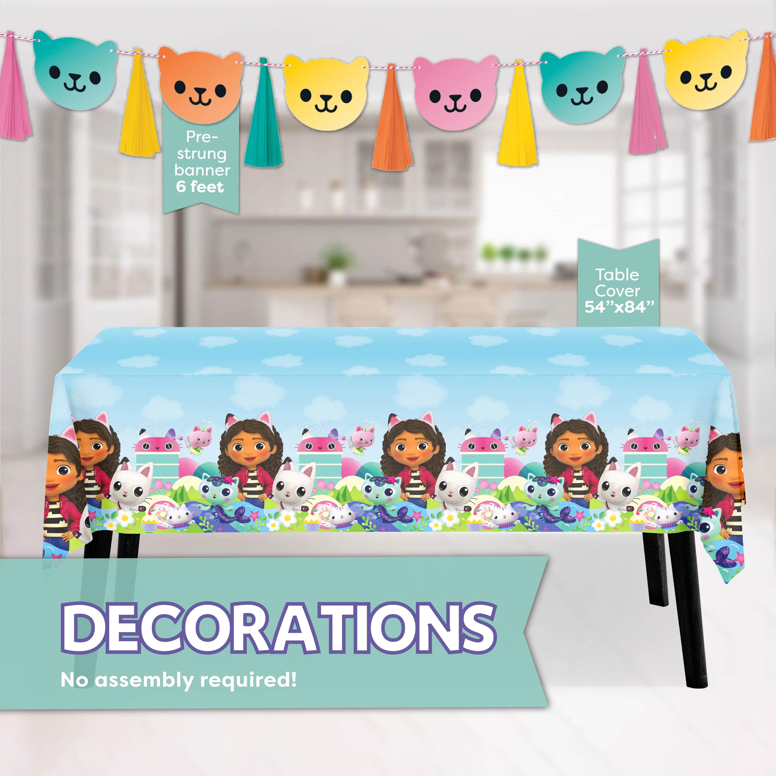 Officially Licensed Gabby's Dollhouse Party Supplies Set - Includes Banner, Tablecover, Plates, Napkins & Buttons for 16 Guests | Perfect for Birthday Parties, Themed Events & Kids Celebrations