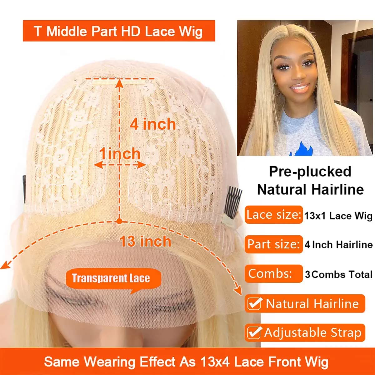 13x4x1 Lace Front Human Hair Wig - 24 Inch Straight Brazilian Virgin Hair T-Part Lace Wig for Women | Natural Blonde Lace Frontal Wig for Daily Wear, Parties & Special Occasions
