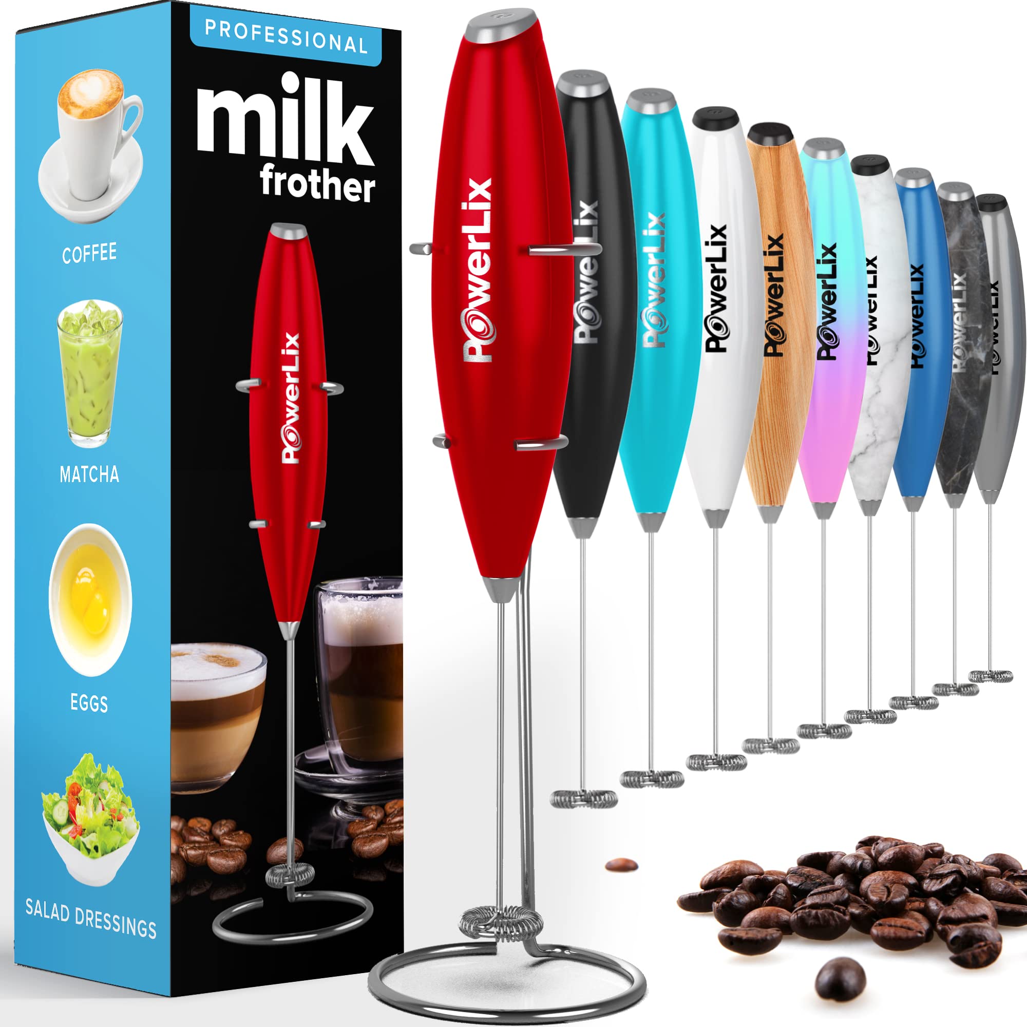 PowerLix Handheld Milk Frother - Battery Operated Foam Maker for Coffee, Latte & Cappuccino - Includes Stand (Black/Red) - Perfect for Home, Office & Travel Use