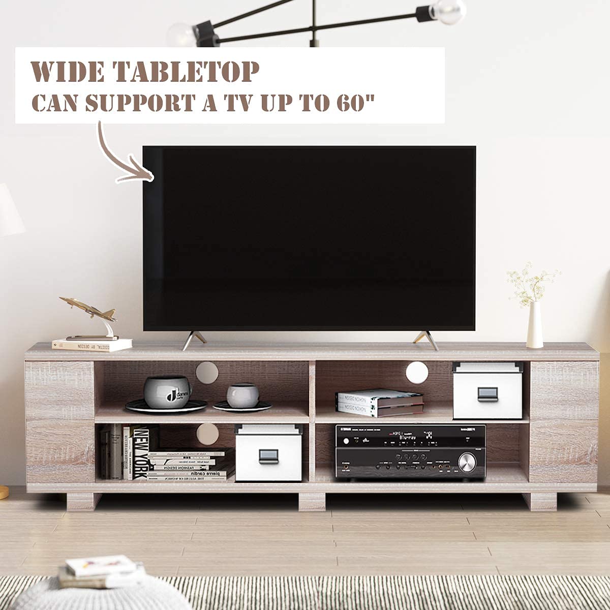 Modern Wood TV Stand for 65-Inch TVs - Universal Entertainment Center with 8 Open Storage Shelves - Stylish Living Room Furniture for TV, Gaming & Media Storage (Natural Wood Finish)