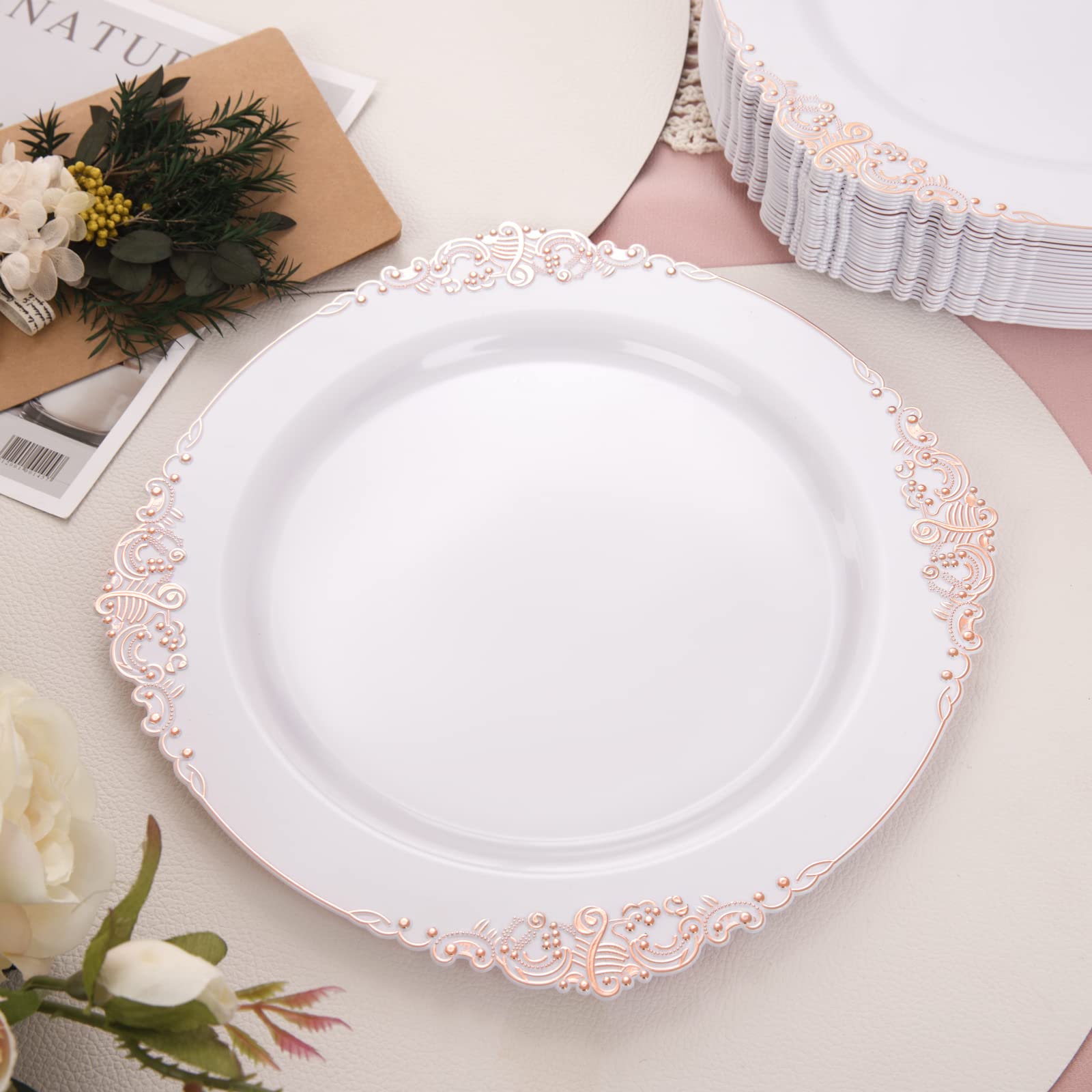 100-Pack Rose Gold Plastic Plates - 10.25 Inch Disposable Dinner Plates with Elegant Rose Gold Rim for Weddings, Parties, Baby Showers & Special Events - Perfect for Catering, Buffets & Outdoor Gatherings