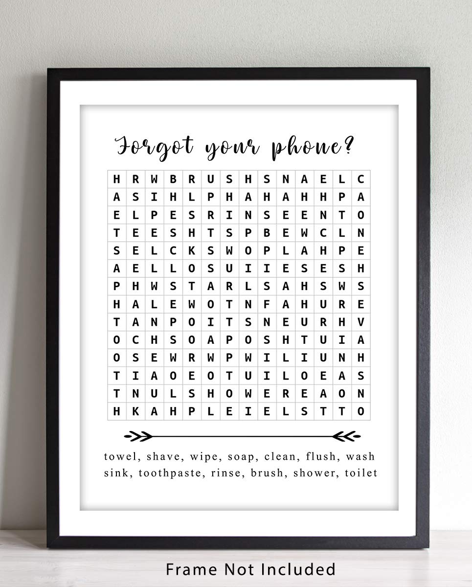 Funny Bathroom Wall Art Print - 11x14 UNFRAMED Black & White Word Search Puzzle Decor Printed on Premium Photographic Paper | 'Forget Your Phone?' Quote | Perfect for Powder Room, Guest Bathroom or Home Office Decor