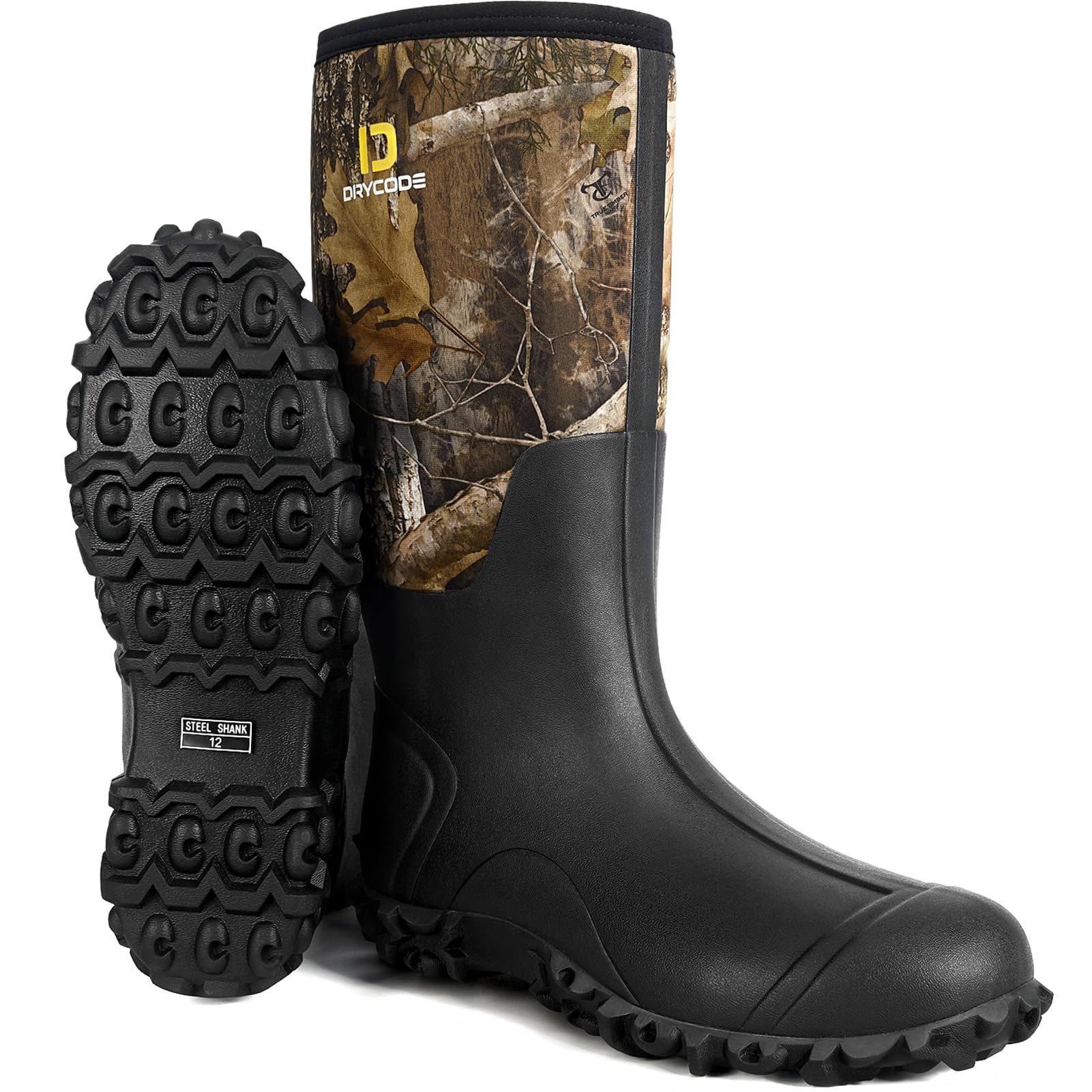 DRYCODE Men's Waterproof Hunting Boots with Steel Shank - 4.5mm Neoprene Rubber Boots for Outdoor Hunting, Fishing & Farming (Size 5-14) - Durable Footwear for Wet Terrains & Cold Weather Adventures