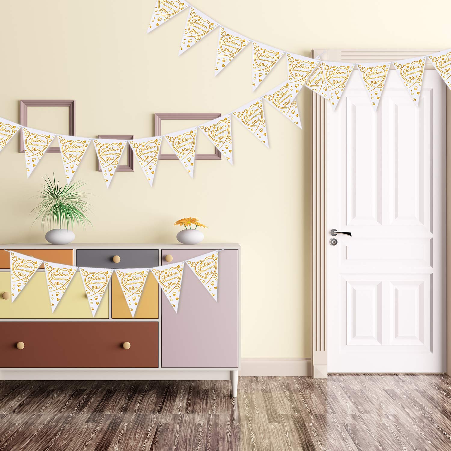50th Anniversary Triangle Bunting Banner - Golden Heart Themed Garland Decor for Wedding, Birthday Party & Anniversary Celebrations (2 Pack) - Perfect for Indoor/Outdoor Party Decorations