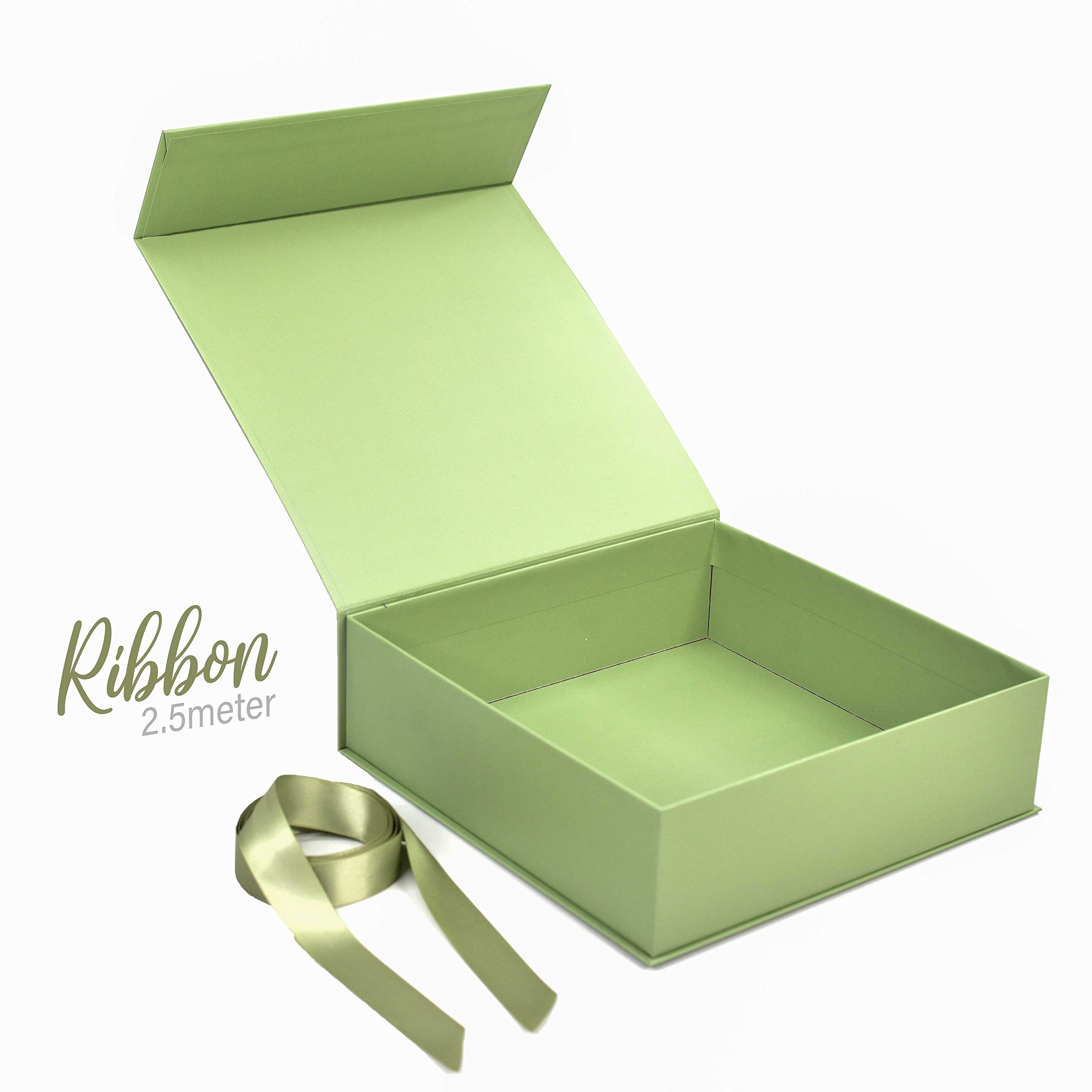 Premium Green Gift Box with Satin Ribbon - 26x26x8cm Reusable Rigid Cardboard Hamper Box for Packaging, Weddings, Birthdays & Corporate Gifting (Includes 2.5m Spring Moss Satin Ribbon) - Eco-Friendly Gift Packaging Solution