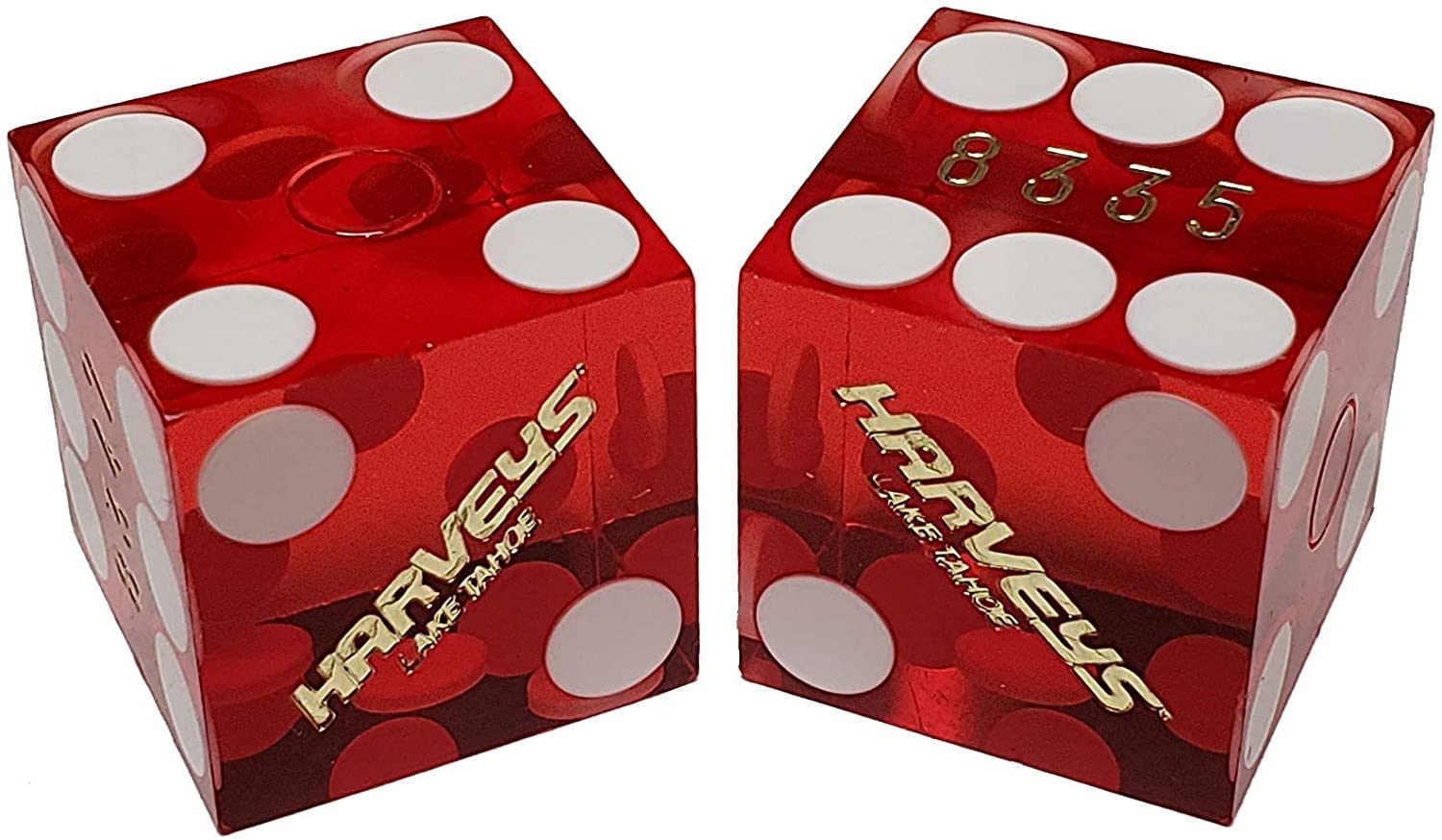Authentic Harvey's Lake Tahoe Casino Dice Set - Red Polished Dice with Pouch & 36