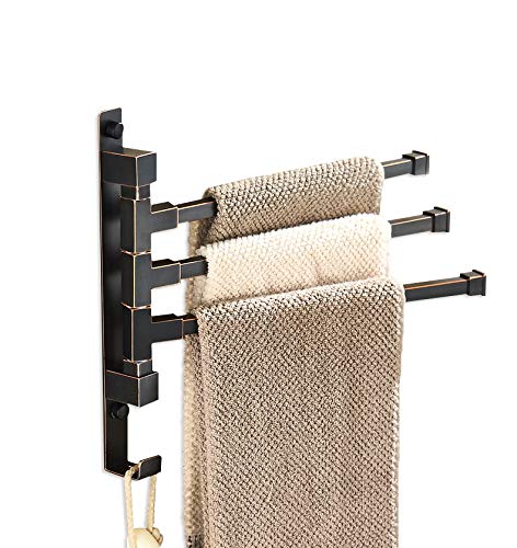 Oil Rubbed Bronze Swing Out Towel Rack - 3-Arm Wall Mounted Bathroom Towel Holder with Hooks | Space-Saving Design for Small Bathrooms & Powder Rooms
