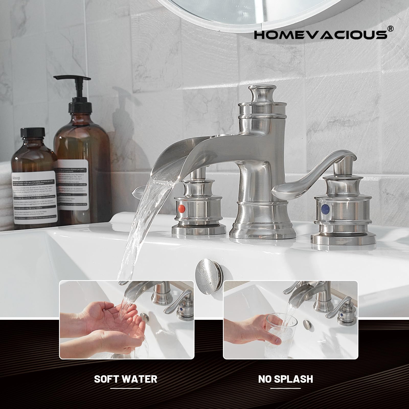 Homevacious Brushed Nickel Widespread Bathroom Faucet - 2 Handle 3 Hole Waterfall Sink Mixer Tap with Pop Up Drain & Overflow (8-16 Inch) - Perfect for Vanity Basins & Lavatory Sinks - Ideal for Modern Bathrooms & Powder Rooms