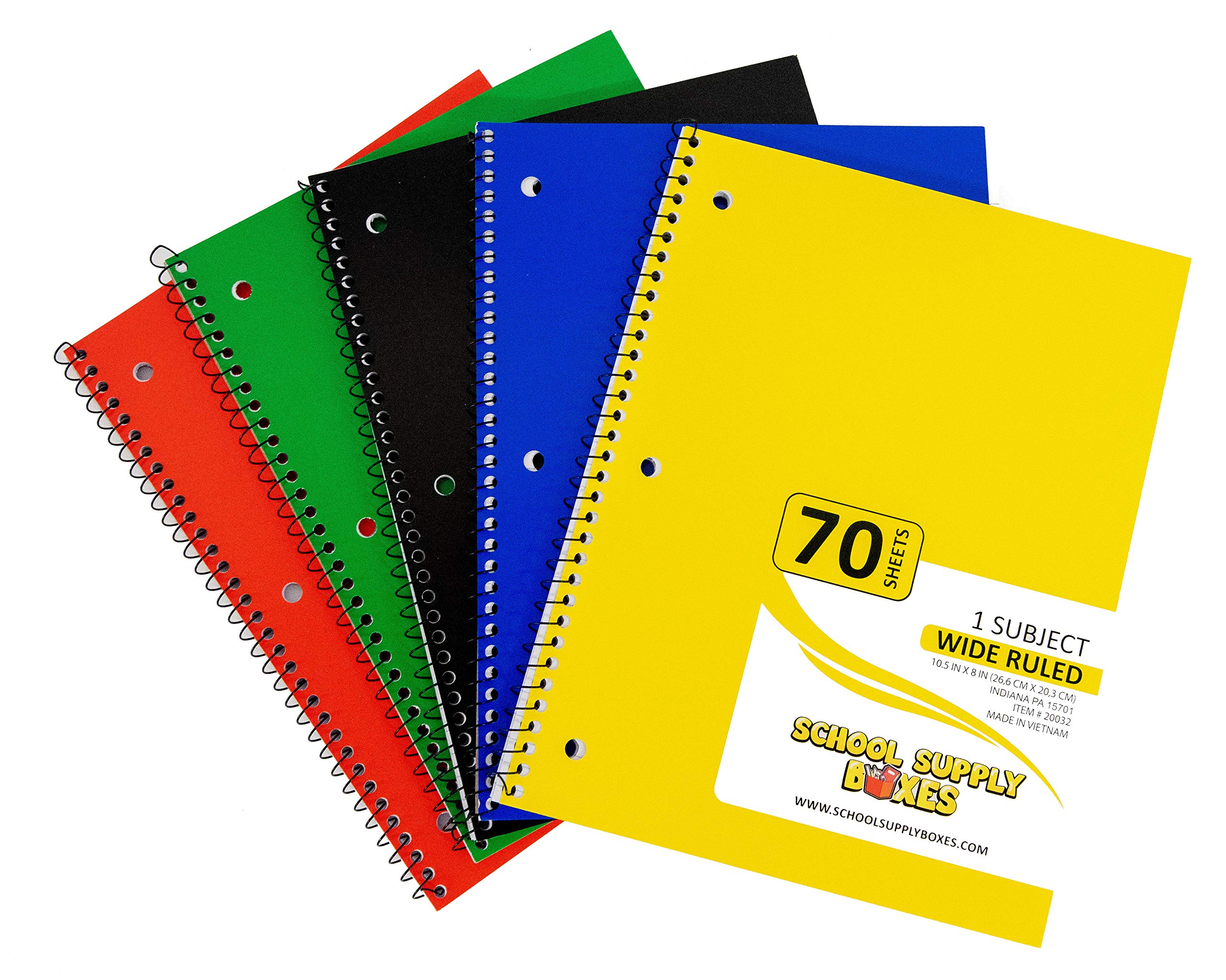 5-Pack Wide Ruled Spiral Notebooks for School & Office - Assorted Colors (Red, Green, Yellow, Blue, Black) - Perfect for Elementary Students, Note Taking & Bulk Supplies