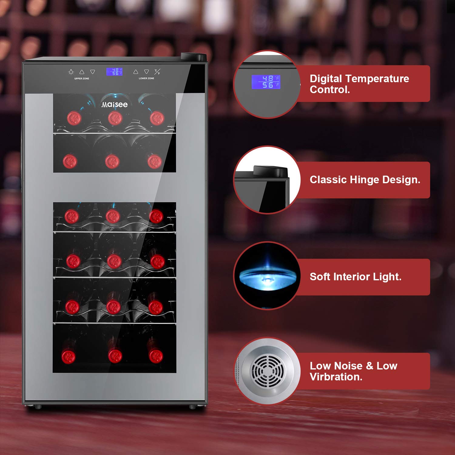 18 Bottle Dual Zone Wine Cooler Refrigerator - 46°F-54°F Upper Zone & 54°F-65°F Lower Zone for Red, White Wine & Champagne Storage - Compact Wine Fridge for Home, Office, Bedroom or Countertop (Black) - Perfect for Entertaining, Wine Collecting & Temperature-Sensitive Beverage Preservation