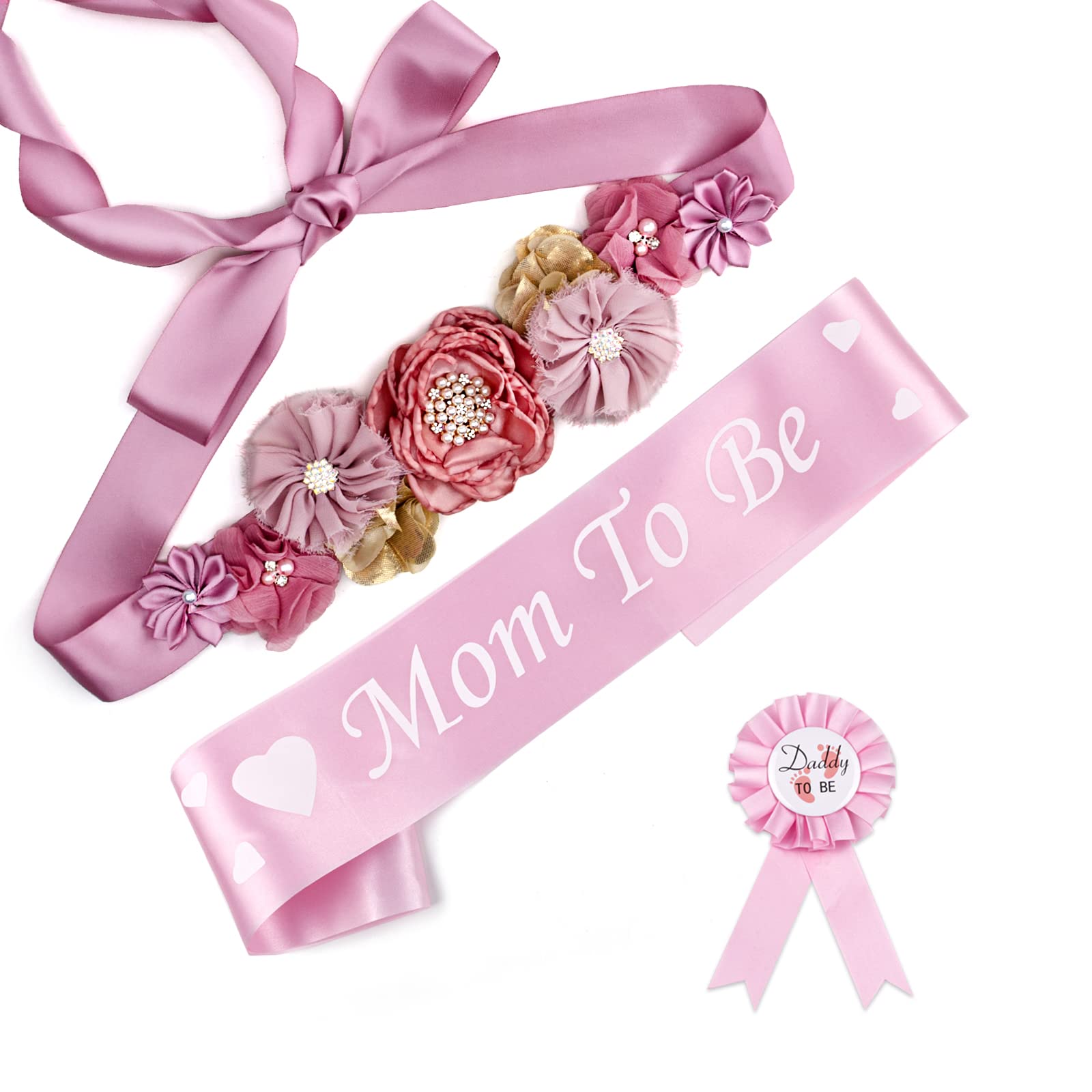 Mom to Be Sash & Corsage Pin Set - Baby Shower Decorations for Mommy & Daddy - Maternity Dress Flower Belt & Pregnancy Photo Props - Gender Reveal Party Supplies - Perfect for Baby Showers, Maternity Photoshoots & Gender Reveal Parties