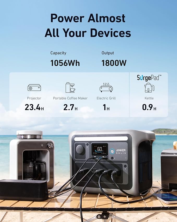 Anker Solix C1000 Portable Power Station 1056Wh 1800W - Perfect for Camping, Emergencies & Outdoor Adventures