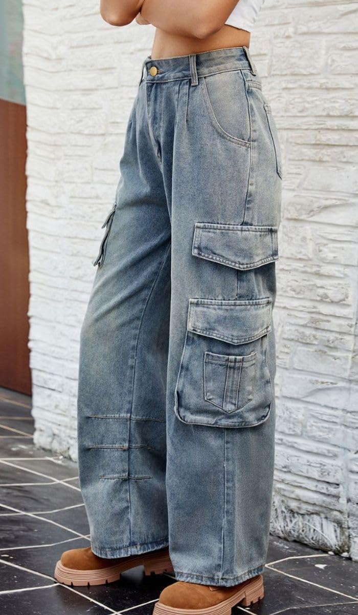 Women's High Waisted Denim Cargo Pants - Y2K Baggy Jeans with Multiple Pockets | Wide Leg Casual Loose Trousers for Streetwear & Everyday Outfits