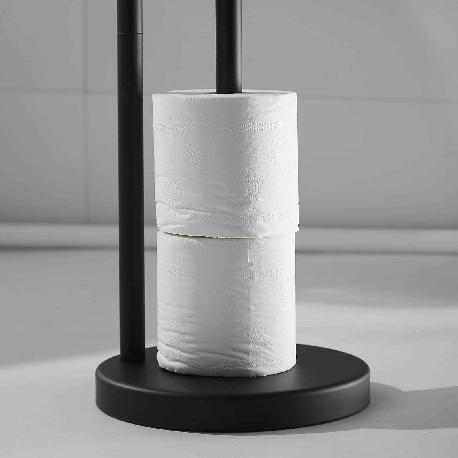 Black Toilet Paper Holder Stand with Reserve Storage - Wall Mounted Bathroom Tissue Roll Dispenser for Home, Office & RV Use
