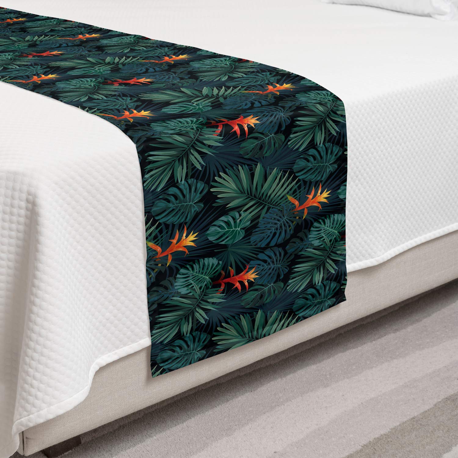 Ambesonne Vintage Palm Bed Runner - Dark Green Multicolor Guzmania Flower & Leaf Pattern - Decorative Bed Scarf for Hotels, Homes & Guestrooms - Perfect for Boho & Tropical Bedroom Decor