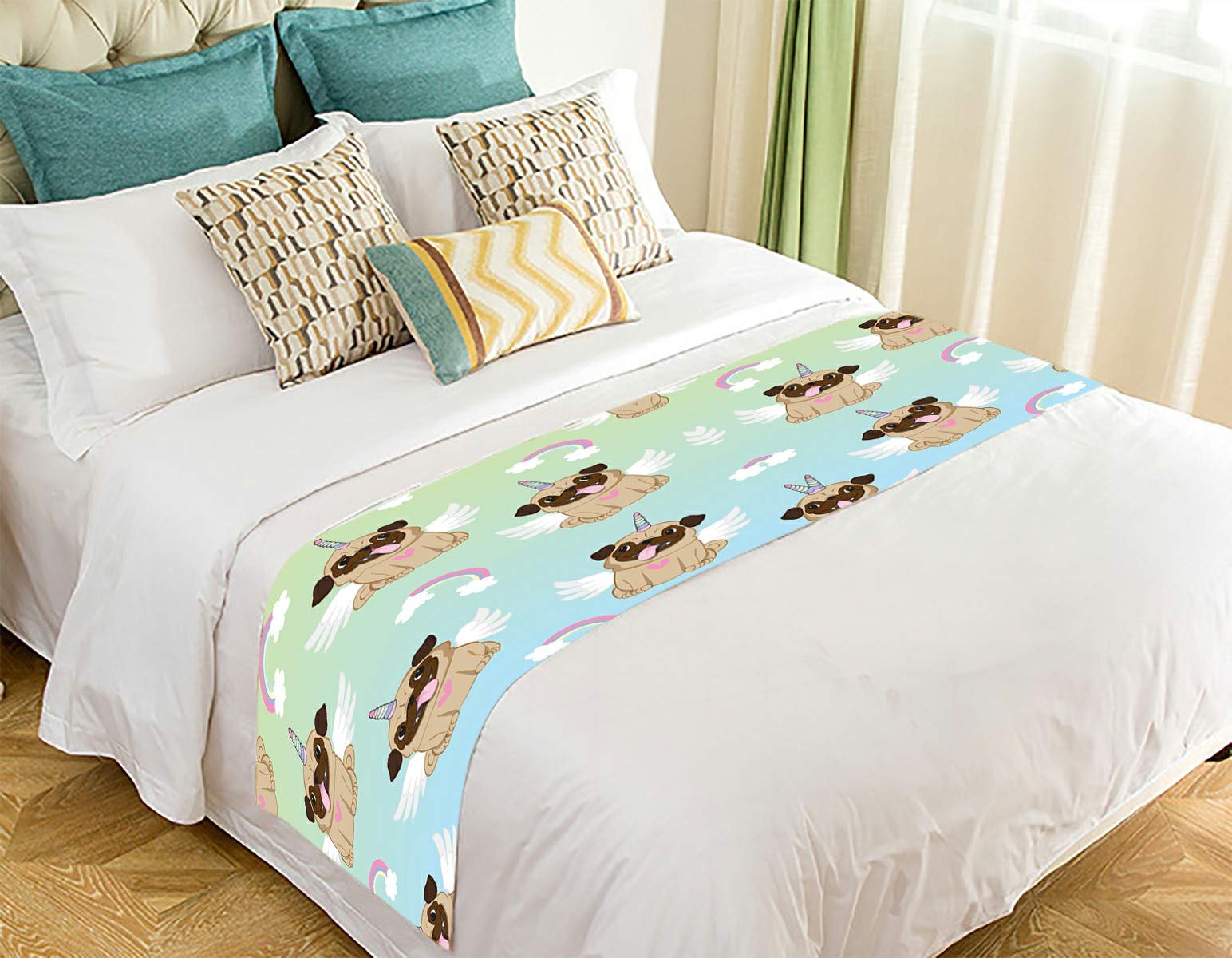 ECZJNT Unicorn Pug Print Bed Runner Scarf - 20x95 Inch Decorative Bed Cover for Queen King Size Beds - Perfect for Home Decor, Wedding Gift & Nursery Room Styling