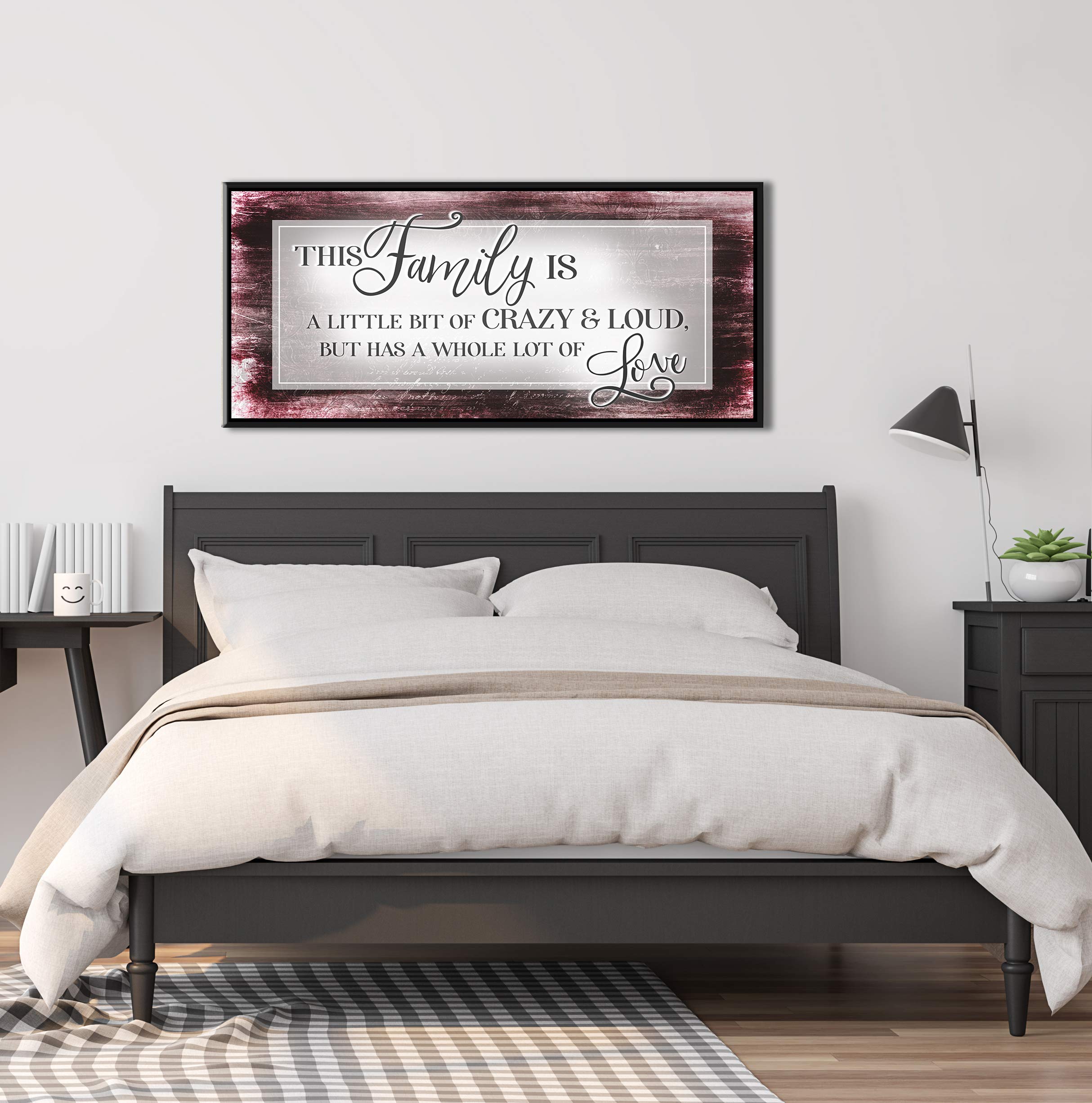 Family Sign Wall Art - Large Canvas Home Decor for Living Room & Farmhouse - 'This Family Is A Little Bit Crazy' Funny Quote - Red Wine & Black Floating Frame 42x19 - Perfect for Housewarming Gifts & Rustic Interior Design