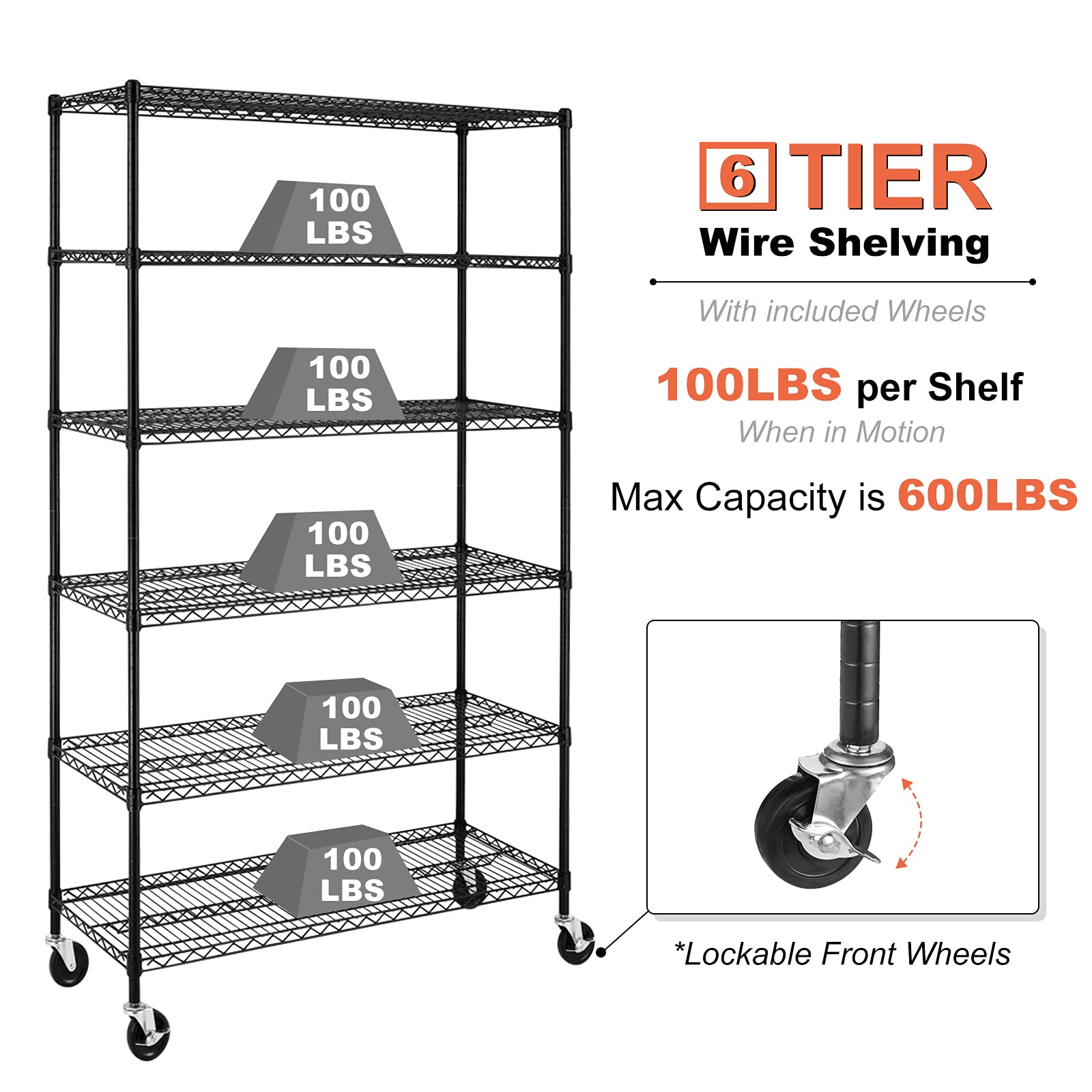 6000Lbs Capacity Heavy Duty Commercial Wire Shelving Unit - Adjustable 6-Tier NSF Metal Storage Rack with Wheels for Garage, Basement, Warehouse (76