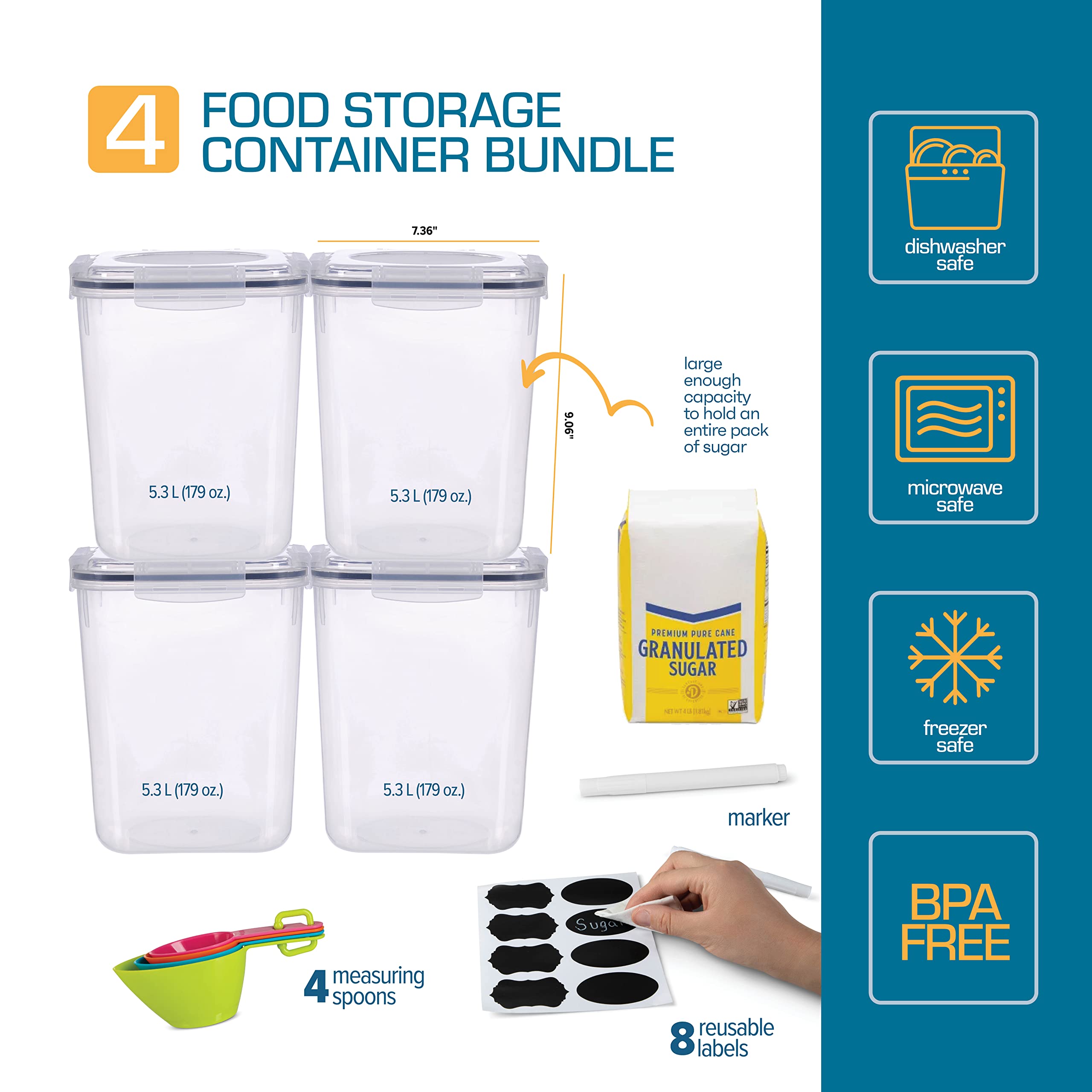 5.3L Airtight Food Storage Containers with Lids (4-Pack) - Flour, Sugar & Rice Kitchen Canisters for Pantry Organization | Perfect for Baking Ingredients, Dry Goods & Bulk Food Storage