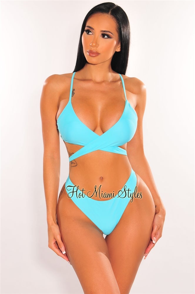 Aqua Padded Crochet Spaghetti Straps Wrap Around Bikini Top for Women - Summer Beach Swimwear, Pool Party & Vacation Outfit