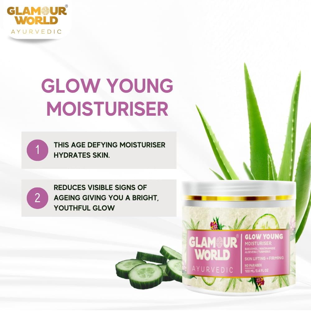 Glamour World Ayurvedic Glow Young Moisturizer - 100ml with Aloe Vera, Tulsi, Cucumber, Sandalwood, Olive & Coconut Oil | Hydrating & Anti-Aging Face Cream for Dry & Sensitive Skin | Day & Night Moisturizing Skincare Routine