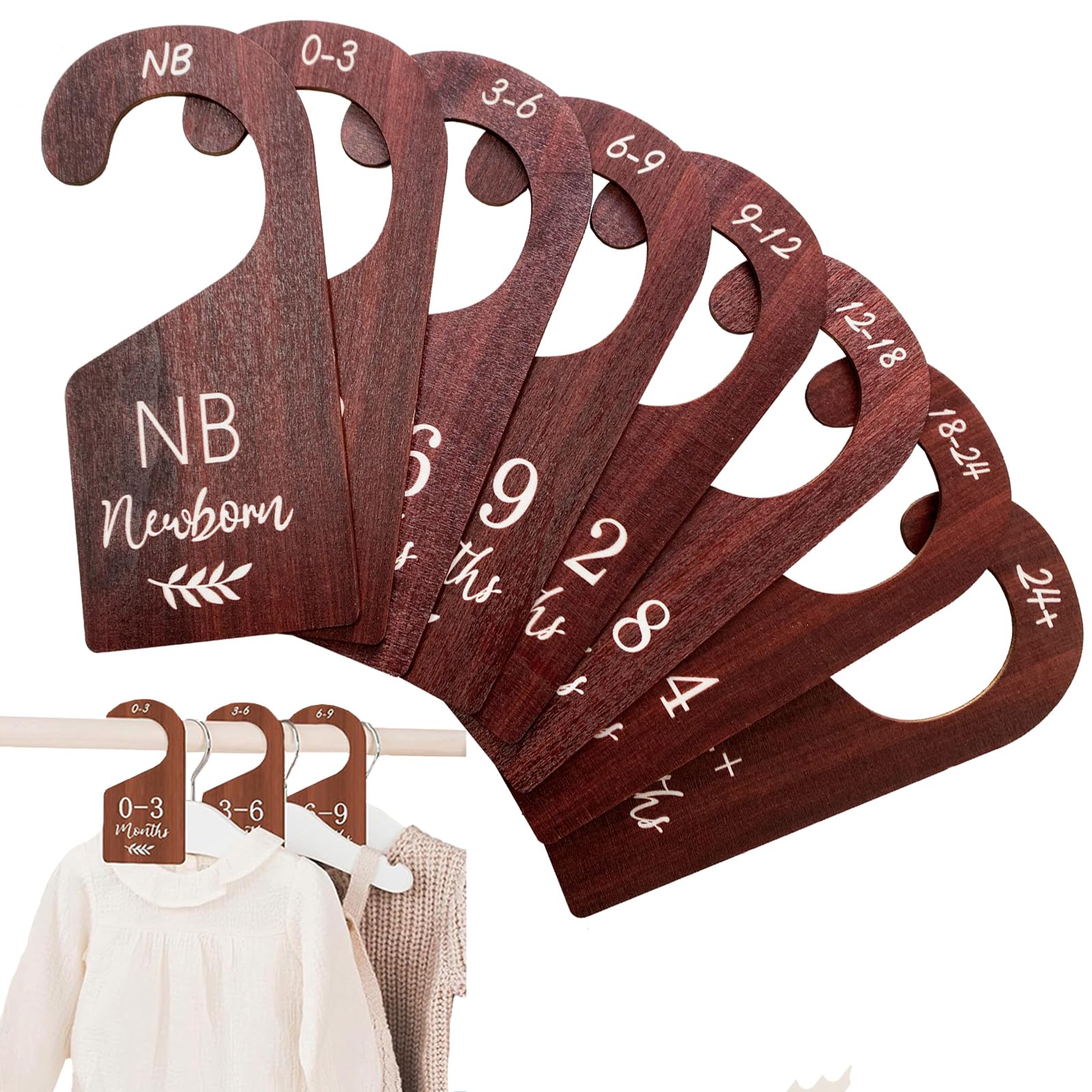 Wooden Baby Closet Dividers - Double-Sided Nursery Organization for Newborn to 24 Months (8-Piece Set, Brown) | Perfect for Nursery Closet Organization & Baby Clothes Size Sorting
