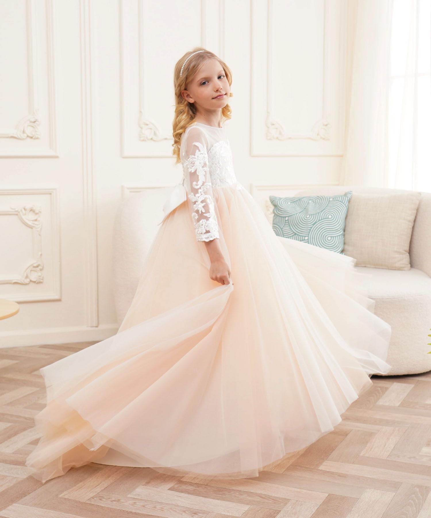 Ivory White Lace Long Sleeve Flower Girl Dress - Princess Pageant Gown for Weddings & Special Occasions (Style GZY202) | Perfect for Bridal Party, Christenings & Formal Events