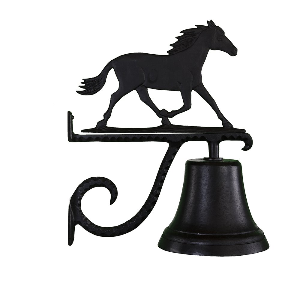 Montague Cast Iron Bell with Black Horse Design - Classic Farmhouse & Garden Decor for Outdoor, Patio, and Ranch Style Homes