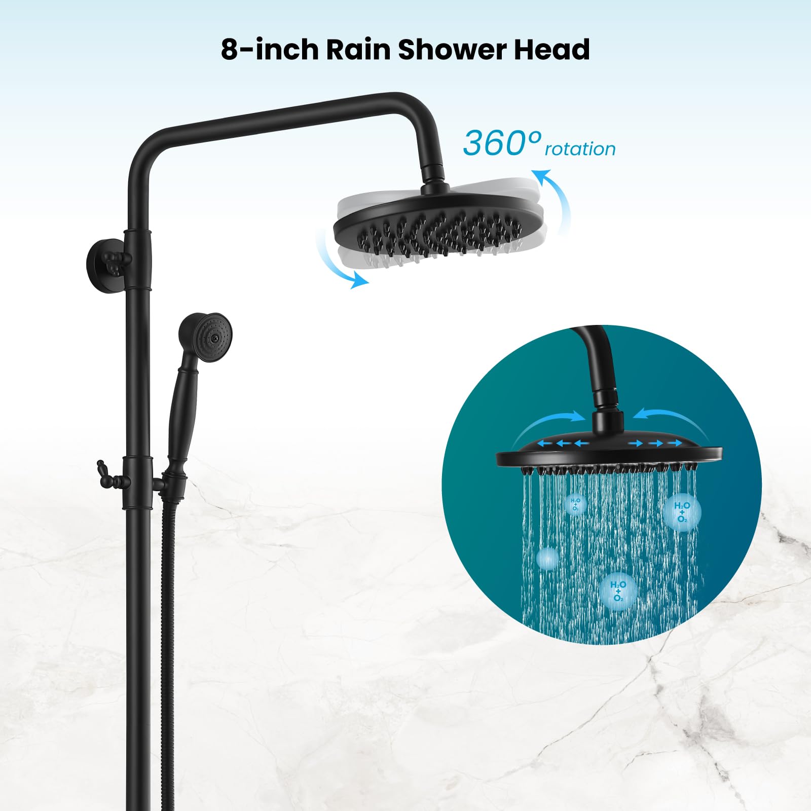 Gotonovo 8 Inch Rainfall Shower Head with Handheld Shower - Matte Black Wall Mount Bathroom Faucet Set (2 Functions, Cross Handle) for Spa-Like Experience & Modern Home Decor