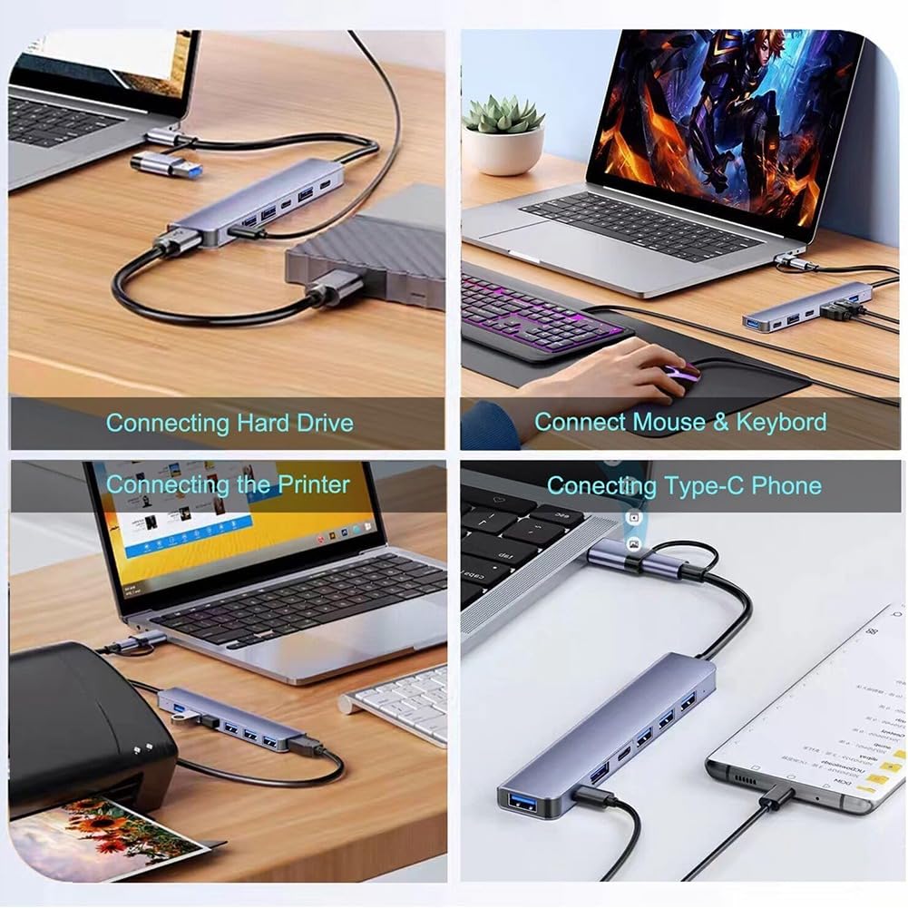 Qhpnunhq USB C Hub Splitter - 6-in-1 USB C Dock Station with 4 USB 3.0 Ports & 2 USB C Ports for MacBook, Windows Laptop, iPad, iPhone, Android Phones - Perfect for Home Office, Travel & Multi-Device Charging