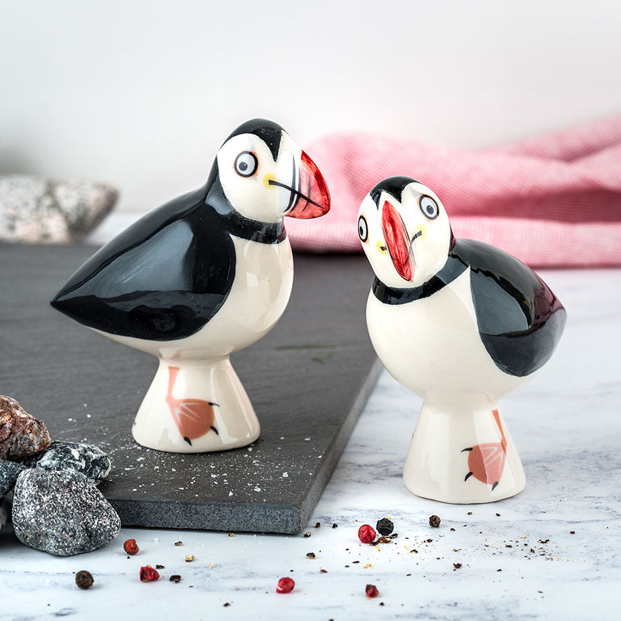 Handmade Ceramic Puffin Salt and Pepper Shakers Set of 4 - Unique Kitchen Decor & Perfect Gift for Bird Lovers - Ideal for Dining Table, Housewarming, and Coastal-Themed Kitchens