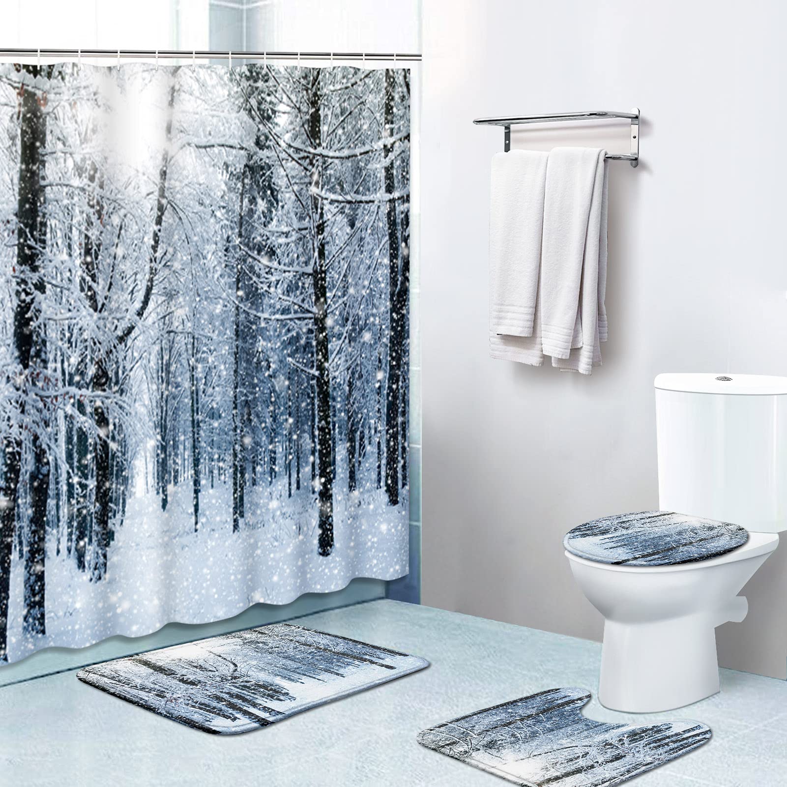 Britimes 4-Piece Shower Curtain Set with 12 Hooks – Winter Christmas Snow Forest Landscape Design, Includes Non-Slip Bath Mat, Toilet Lid Cover & 72