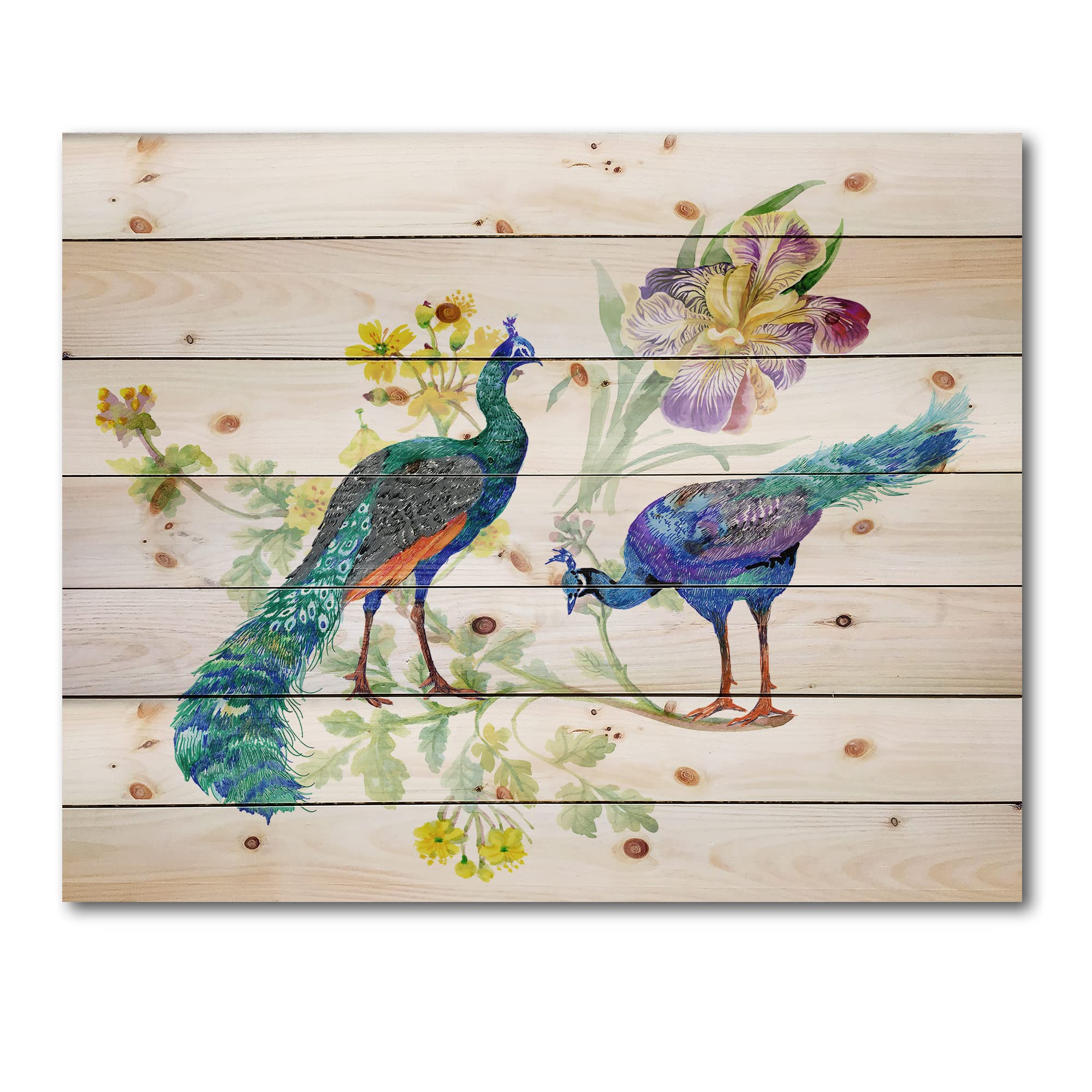 DesignQ Traditional Blue Peacock & Iris Flowers Wood Wall Art - Handcrafted Pine Wood Panel Decor, 35x25 Inch - Perfect for Living Room, Bedroom & Office Wall Decoration