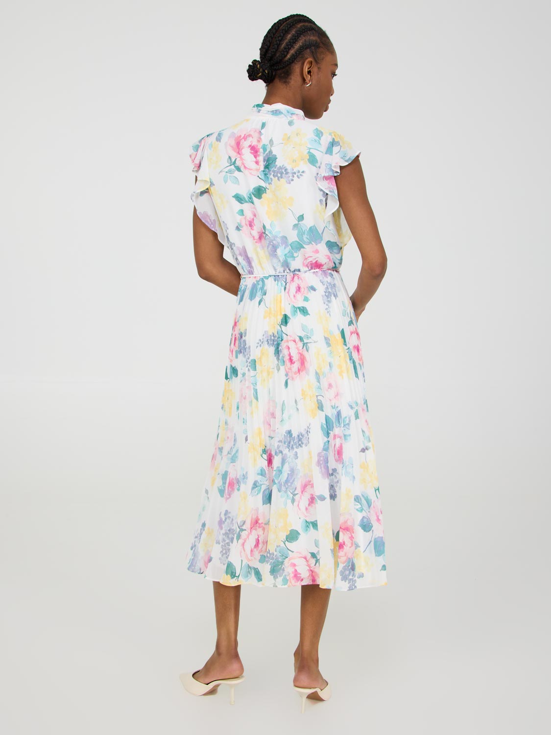 Elegant Printed Pleated Chiffon Dress with Ruffle Sleeves - Women's Flowy Summer Dress for Parties, Weddings & Special Occasions