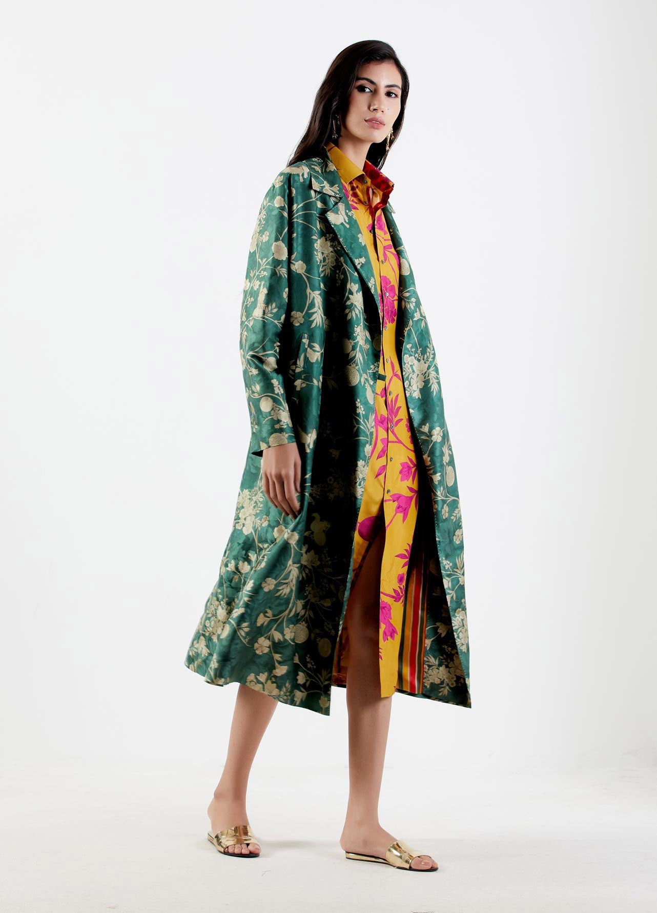 Luxury Long Silk Damask Coat for Women - Elegant Forest Print Outerwear for Fall & Winter | Perfect for Formal Events, Weddings & Evening Occasions