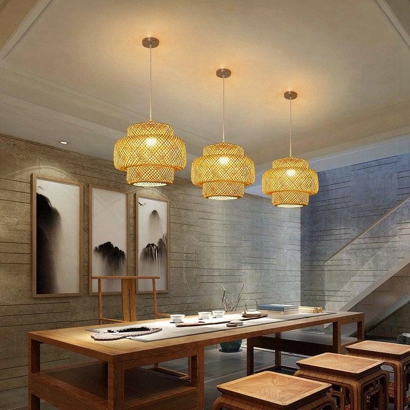 Modern Bamboo Pendant Light Fixture - Handwoven Natural Rattan Hanging Lamp for Kitchen Island, Dining Room & Bedroom Decor - Eco-Friendly Lighting Solution